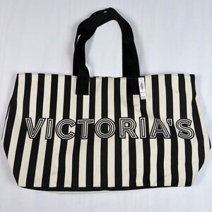 NWT VICTORIA'S SECRET BLACK IVORY STRIPE LOGO ZIPPER TOTE BAG Chic Paris ArtDeco